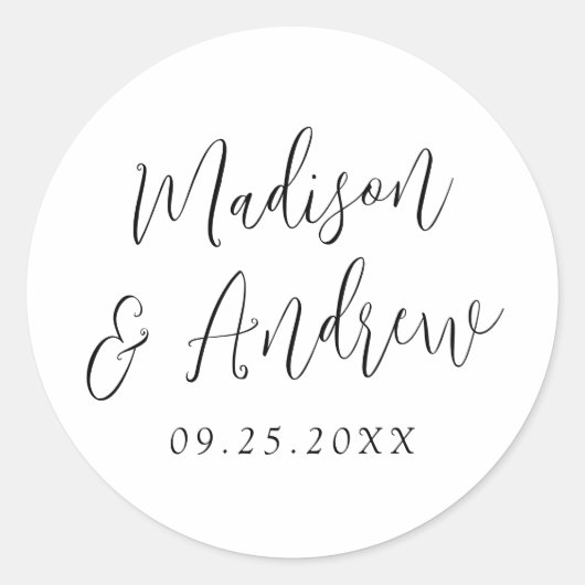 Sticker Rond Mariage personnalisé de script noir simple (Devant)