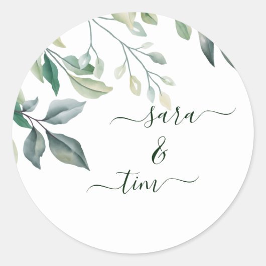 Sticker Rond Mariage personnalisé Eucalyptus de verdure rustiqu (Devant)