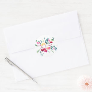 Sticker Rond Mariage personnalisé floral aquarelle rose et fuch