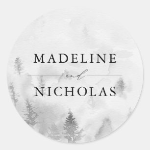 Sticker Rond Mariage personnalisé Forêt hivernale grise élégant