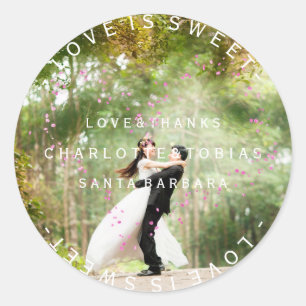 Sticker Rond Mariage personnalisé Merci Pétales Coeur Rose Phot