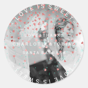 Sticker Rond Mariage personnalisé Merci Turquoise rose Coeur ph
