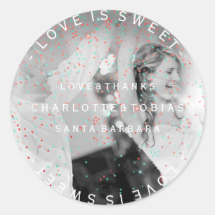 Sticker Rond Mariage personnalisé Merci Turquoise Rose Photo Fa
