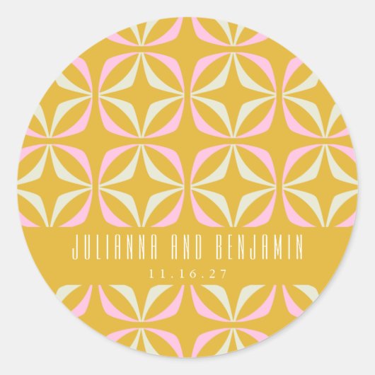 Sticker Rond Mariage Personnalisé Mid Mod Géométrique Jaune Ros (Devant)