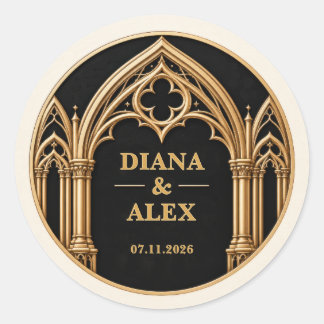 Sticker Rond Mariage personnalisé noir et or cathédrale