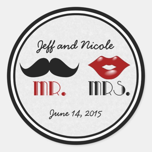 Sticker Rond Mariage personnalisé Retro Mustache (Devant)