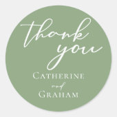 Sticker Rond Mariage personnalisé Sage Green White Script (Devant)