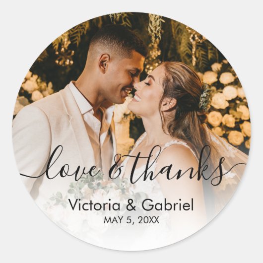 Sticker Rond Mariage Photo Calligraphie Script Photo Merci (Devant)