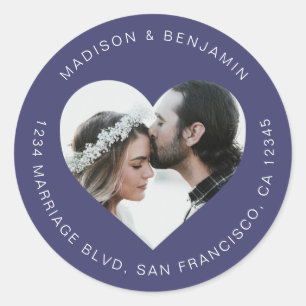Sticker Rond Mariage photo forme coeur Adresse de retour Marine