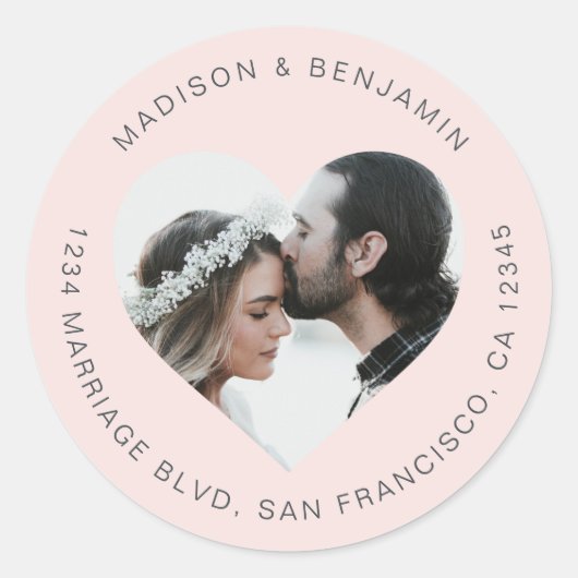 Sticker Rond Mariage photo forme coeur Adresse de retour rose (Devant)