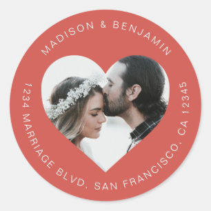 Sticker Rond Mariage photo forme coeur Adresse de retour Rouge