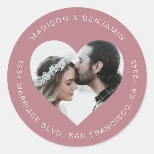 Sticker Rond Mariage photo forme coeur Adresse de retour violet