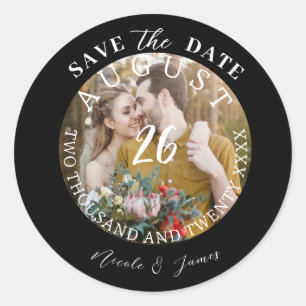 Sticker Rond Mariage Photo Image Moderne Enregistrer la Date