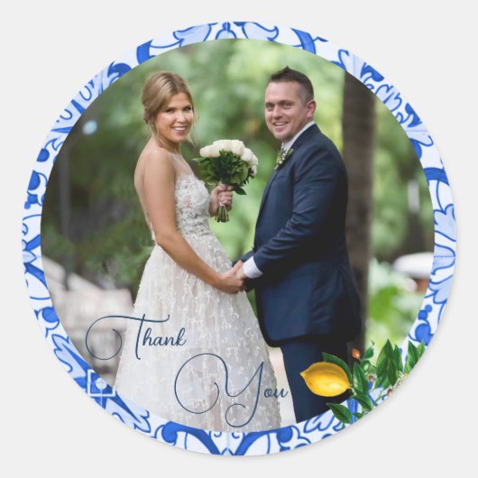 Sticker Rond Mariage Photo Merci en carreaux bleu citron (Devant)