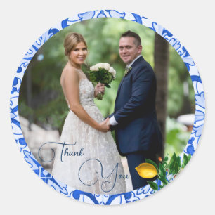 Sticker Rond Mariage Photo Merci en carreaux bleu citron