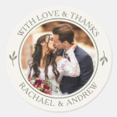 Sticker Rond Mariage photo personnalisé Crème verte Merci (Devant)