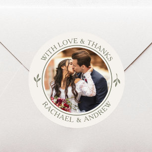 Sticker Rond Mariage photo personnalisé Crème verte Merci