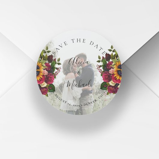 Sticker Rond Mariage photo rose de tournesols rustiques enregis
