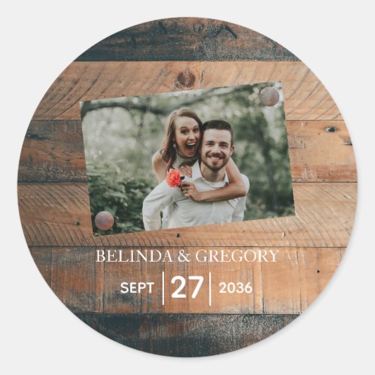 Sticker Rond Mariage photo rustique en bois (Devant)