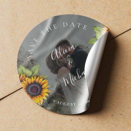 Sticker Rond Mariage photo rustique moderne tournesol enregistr