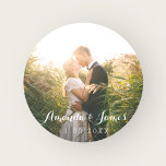 Sticker Rond Mariage Photo Script Whimsical moderne<br><div class="desc">photo mariage avec script blanc moderne.</div>