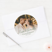 Sticker Rond Mariage Photo Vert Blanc Script Photo Merci (Enveloppe)