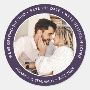Sticker Rond Mariage photo violet Enregistrer la date