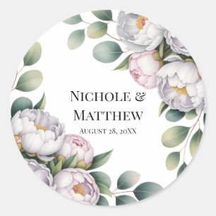 Sticker Rond Mariage Pivoine Blanche Douce avec Feuilles d'Euca