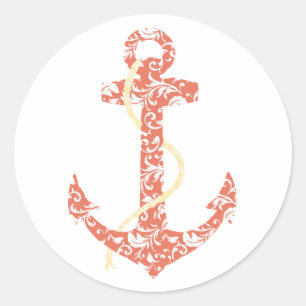 Sticker Rond Mariage plage corail et Ancre jaune
