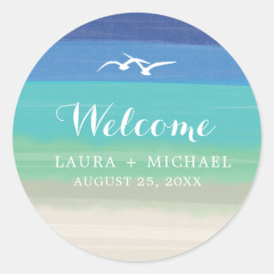 Sticker Rond Mariage plage de sable, mer et mouettes