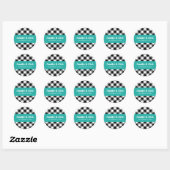 Sticker Rond Mariage Plaid à Buffalo noir et blanc Turquoise (Feuille)