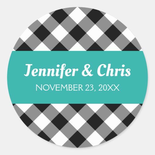 Sticker Rond Mariage Plaid à Buffalo noir et blanc Turquoise (Devant)