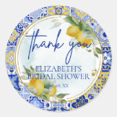 Sticker Rond Mariage Remerciements Carrelage Bleu Citron Script (Devant)