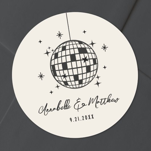 Sticker Rond Mariage Rétro Disco Dessiné à la Main