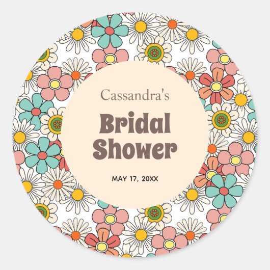 Sticker Rond Mariage rétro hippie Fleur Groovy Bridal Shower (Devant)