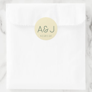 Sticker Rond Mariage Retro Pastel Jaune et Vert Monogramme