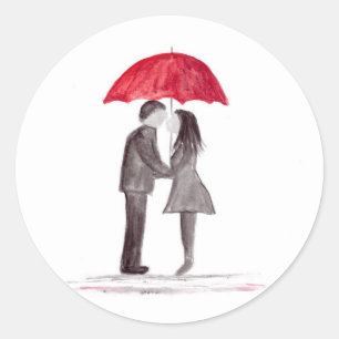 Sticker Rond Mariage romantique avec parapluie rouge aquarelle