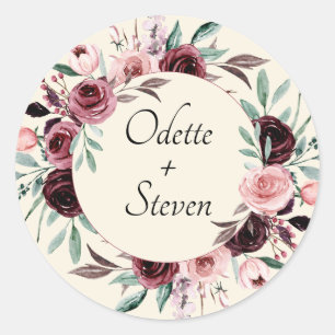 Sticker Rond Mariage romantique burgundy et crème au feuillage