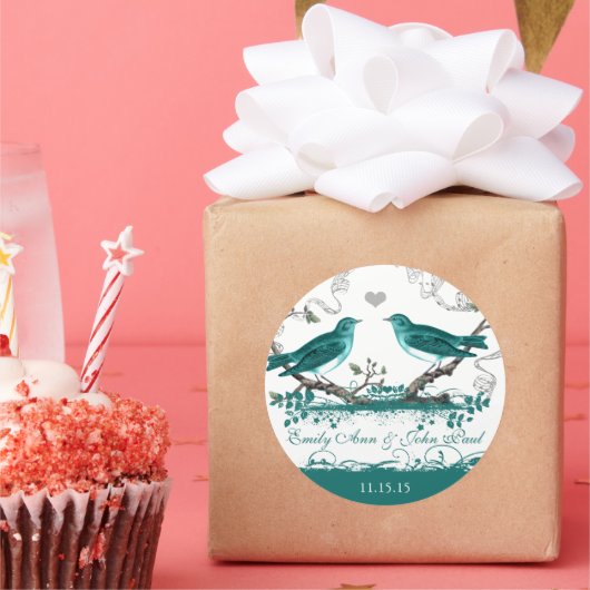 Sticker Rond Mariage Romantique Rustique Turquoise Menthe Oisea (Fête)