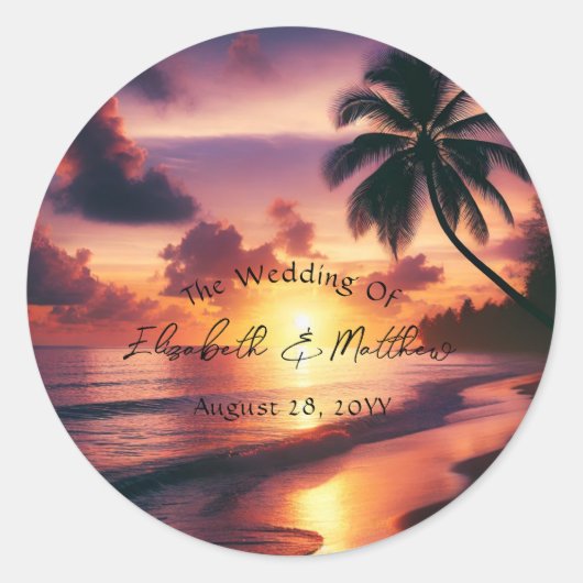 Sticker Rond Mariage romantique sur la plage de coucher de sole (Devant)