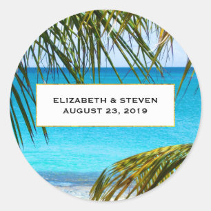 Sticker Rond Mariage romantique Turquoise Tropical Beach
