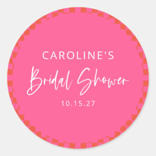 Sticker Rond Mariage Rose Chaude Orange Rétro Damier