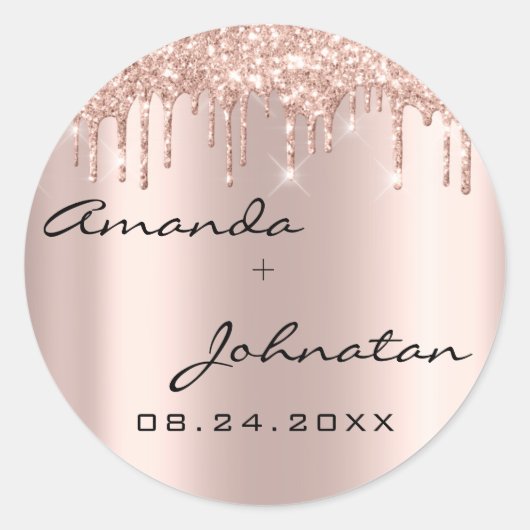 Sticker Rond Mariage Rose Drips Nom Date Noir (Devant)