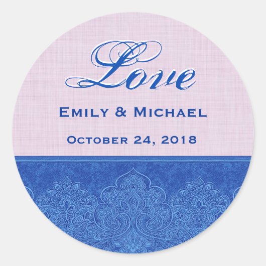 Sticker Rond Mariage rose et bleu royal Damask V23 (Devant)