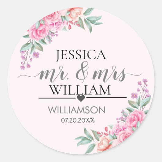 Sticker Rond Mariage rose floral (Devant)