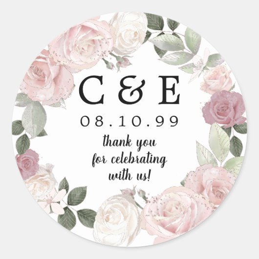 Sticker Rond Mariage rose Floral Monogramme Merci (Devant)