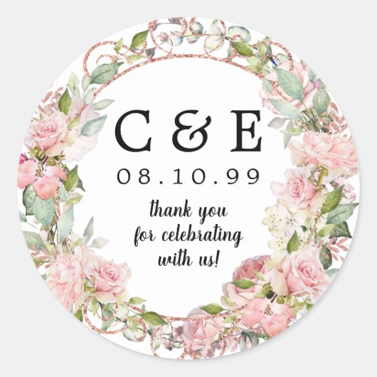 Sticker Rond Mariage rose Floral Monogramme Merci (Devant)