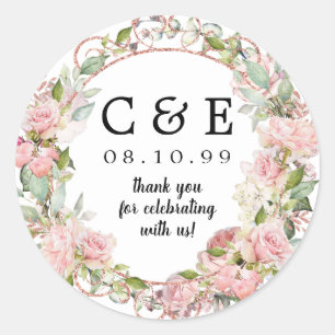 Sticker Rond Mariage rose Floral Monogramme Merci