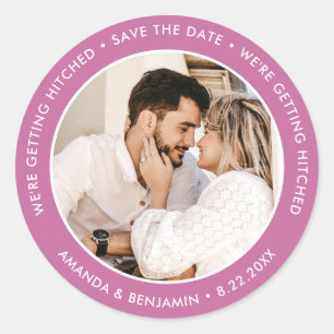 Sticker Rond Mariage rose moderne Photo Enregistrer la date