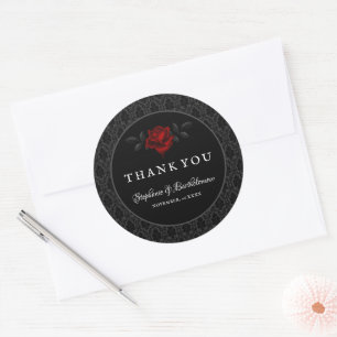 Sticker Rond Mariage Rose noire damassée gothique